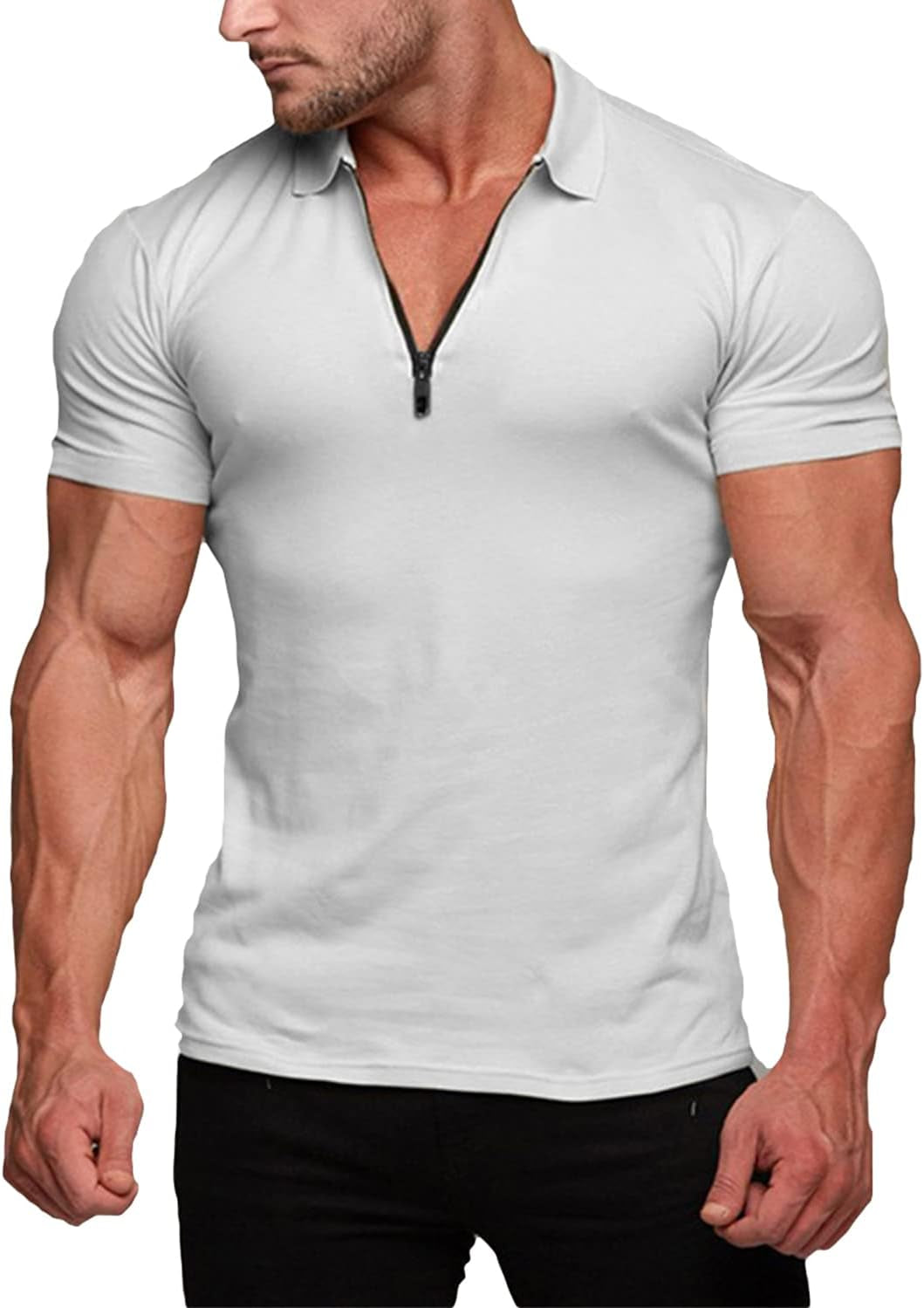 Fashion Mens Muscle Polo Shirts Casual Short Sleeve Workout T Shirts Bodybuilding Tee Tops White Xx-Large