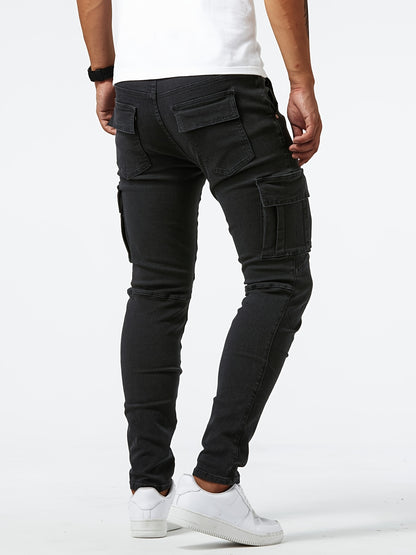 Men's Multi Pocket Jeans, Chic Street Style High