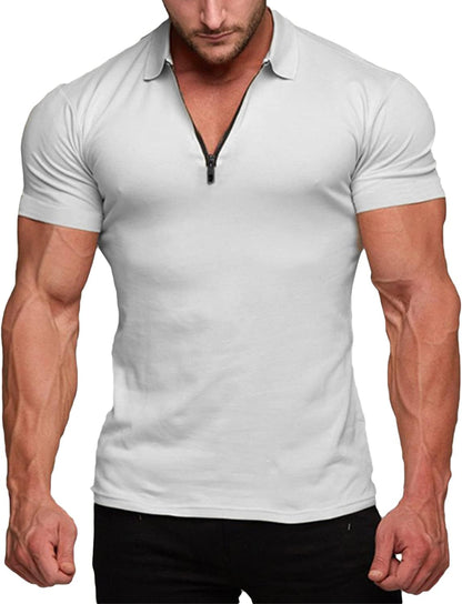 Fashion Mens Muscle Polo Shirts Casual Short Sleeve Workout T Shirts Bodybuilding Tee Tops White Xx-Large