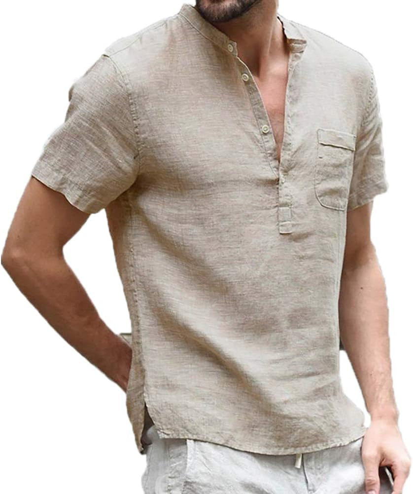 Men'S Linen Cotton Henley Shirt - Casual Short Sleeve Hippie Button up Beach T Shirts -7 Colors Beige