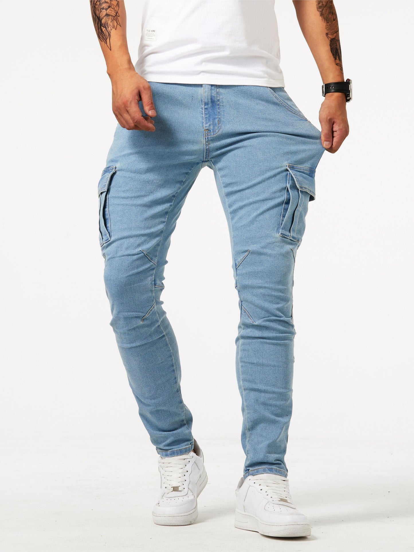 Men's Multi Pocket Jeans, Chic Street Style High