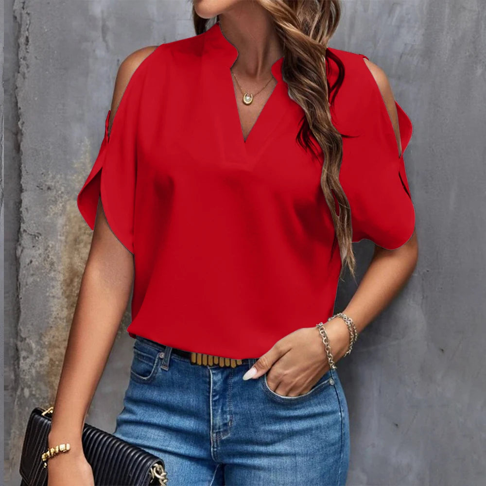 Shoulder-Off Blouse with Elegant V-neck