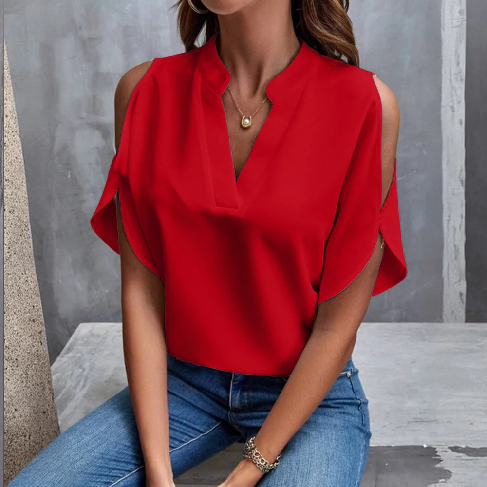 Shoulder-Off Blouse with Elegant V-neck