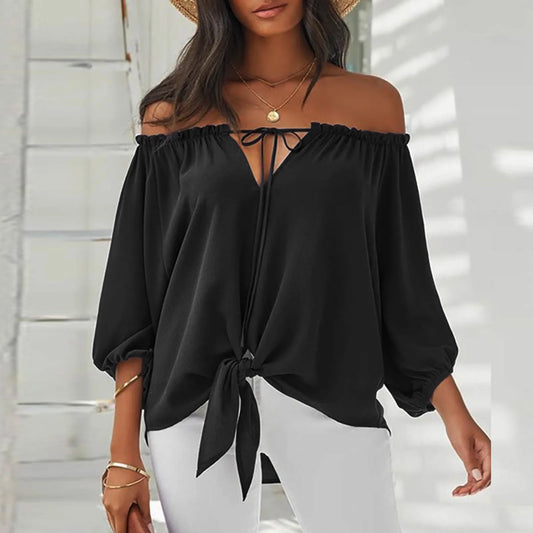 Summer Blouse Sexy Off Shoulder Elegant Women Tops Half Sleeve Ladies Office Blusas Casual Loose Solid Color Tie Blouses 2023