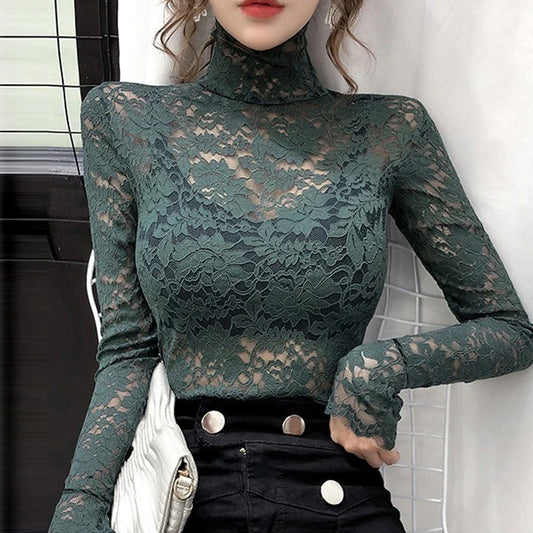 Trendy Elastic Lace Top Turtleneck