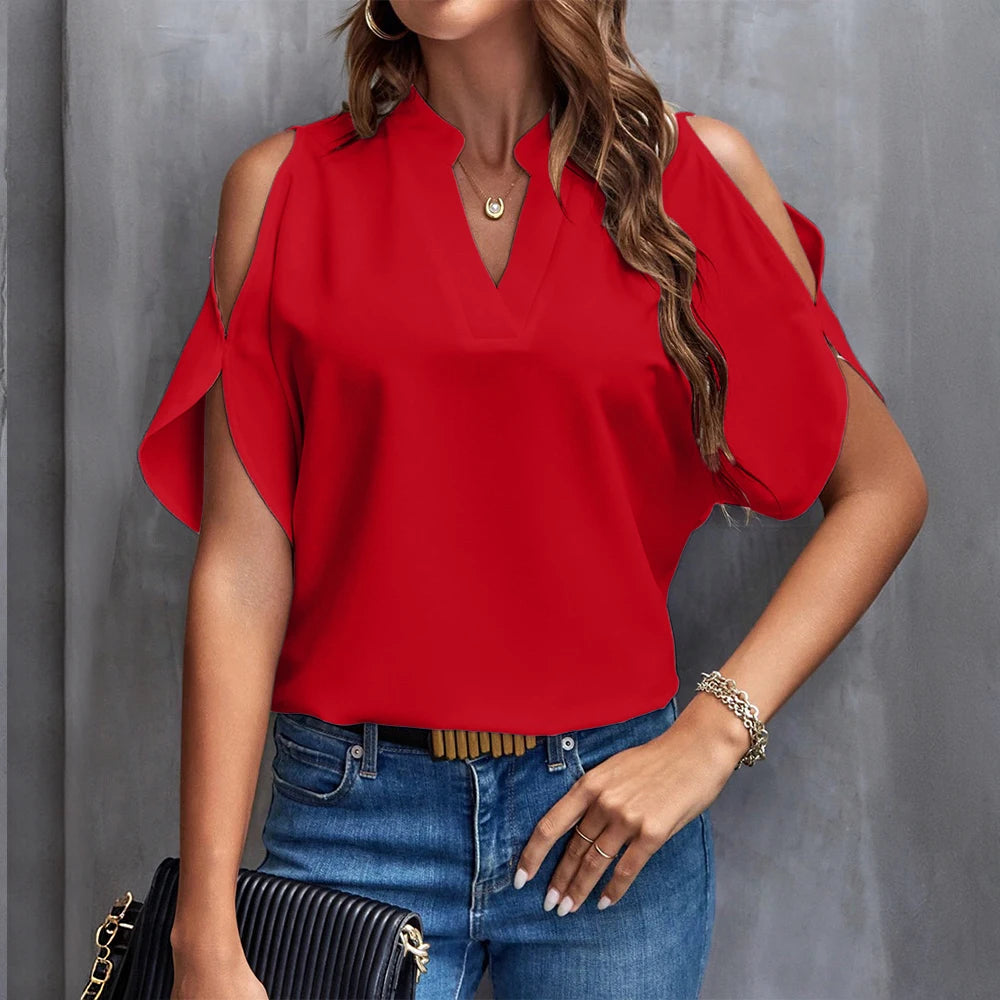 Shoulder-Off Blouse with Elegant V-neck