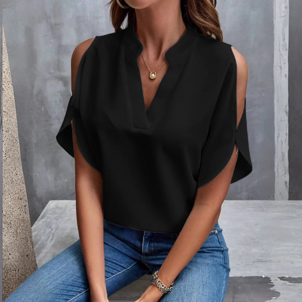 Shoulder-Off Blouse with Elegant V-neck