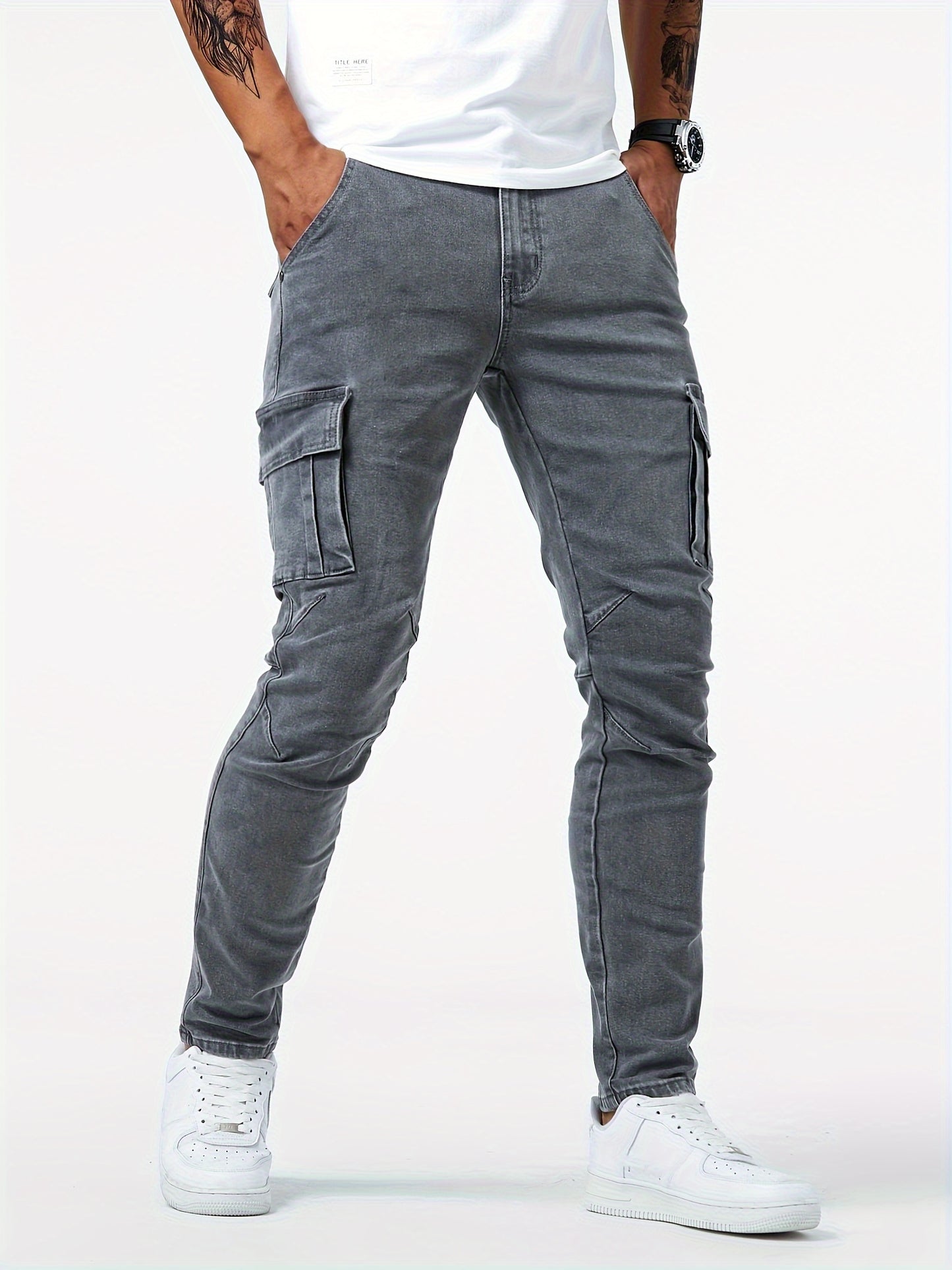 Men's Multi Pocket Jeans, Chic Street Style High