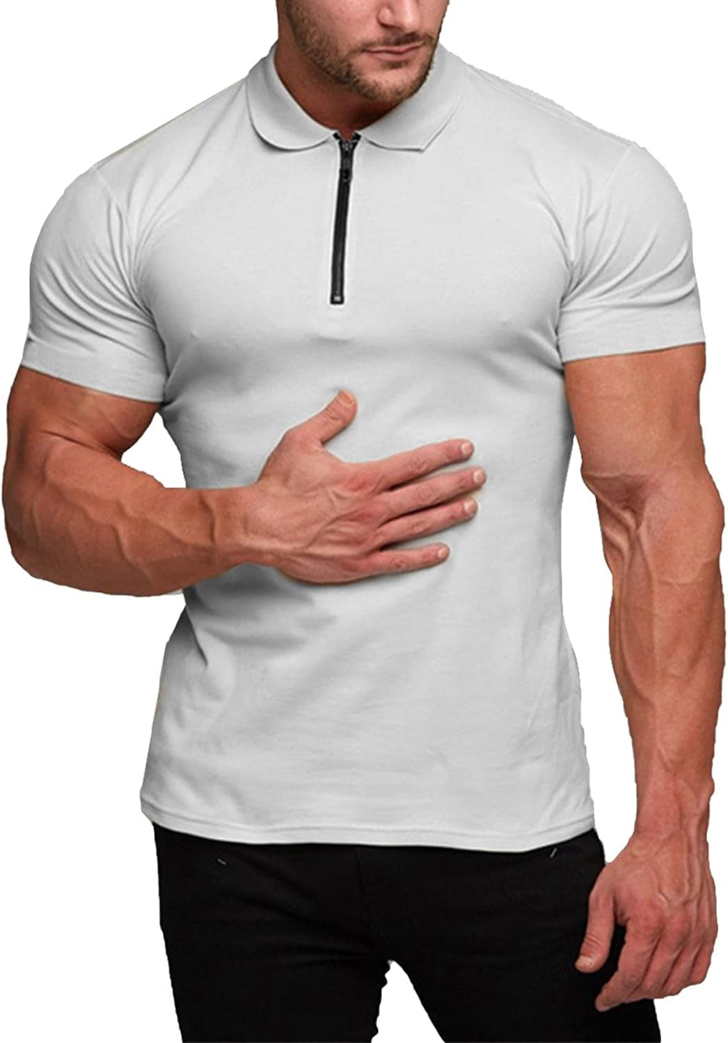 Fashion Mens Muscle Polo Shirts Casual Short Sleeve Workout T Shirts Bodybuilding Tee Tops White Xx-Large