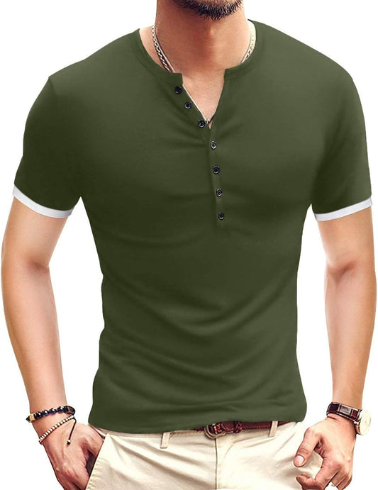 Mens Casual Slim Fit Basic Henley Short Sleeve Fashion Summer T-Shirt