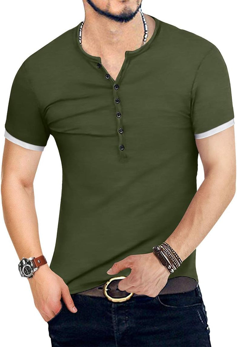 Mens Casual Slim Fit Basic Henley Short Sleeve Fashion Summer T-Shirt